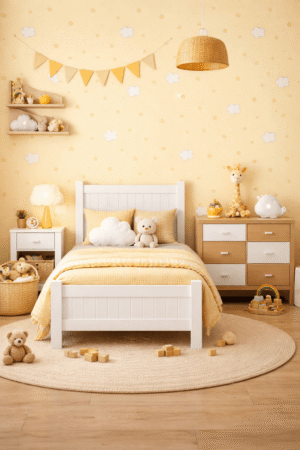 Tapeta papierowa dziecięca – Żółta z chmurkami i gwiazdkami 10m x 53 cm - obrazek 2