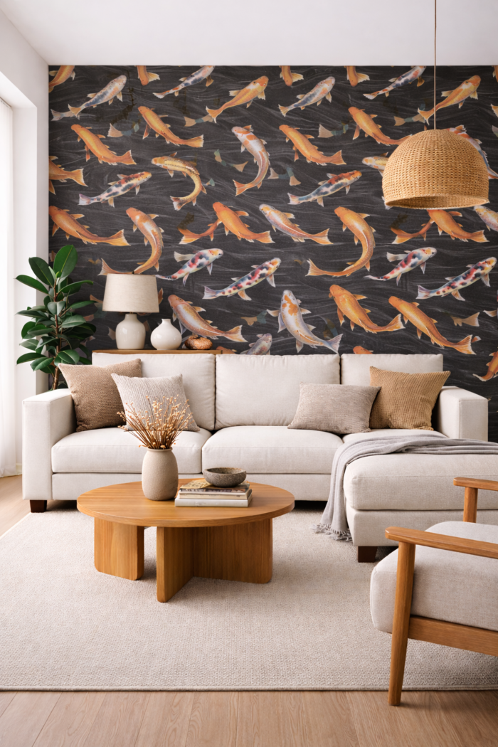 Tapeta ścienna winylowa na flizelinie – Ciemne Tło z Kolorowymi Motywami Ryb, Zmywalna - obrazek 2