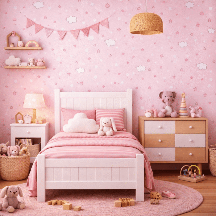 Tapeta papierowa dziecięca – Różowa z chmurkami i gwiazdkami 10m x 53 cm - obrazek 2