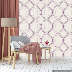 Tapeta ścienna winylowa na flizelinie – Biała z Fioletowym Geometrycznym Wzorem Fal, Zmywalna - obrazek 2