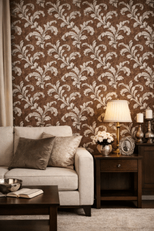 Tapeta ścienna winylowa na papierze – Brązowa z Srebrnym Ornamentowym Wzorem, Zmywalna, 10 m x 53 cm - obrazek 2