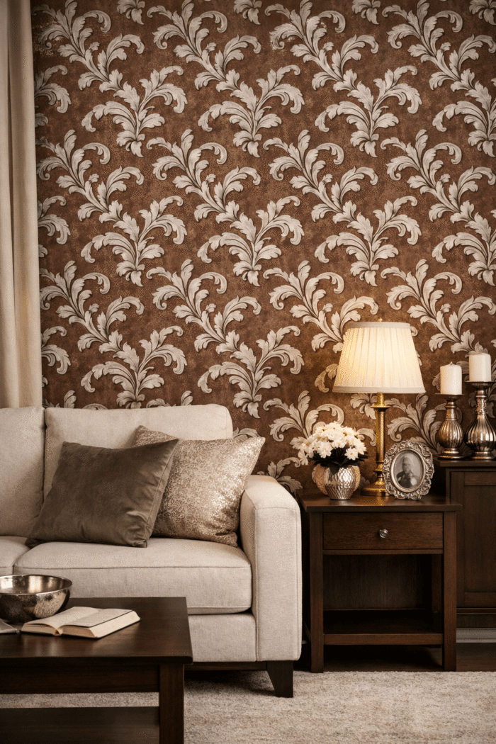 Tapeta ścienna winylowa na papierze – Brązowa z Srebrnym Ornamentowym Wzorem, Zmywalna, 10 m x 53 cm - obrazek 2